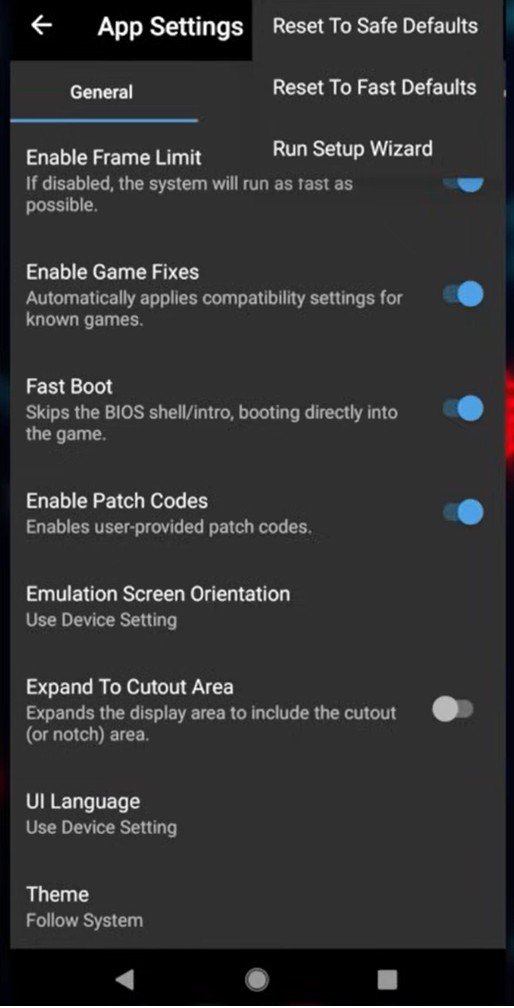 aethersx2 emulator reset settings