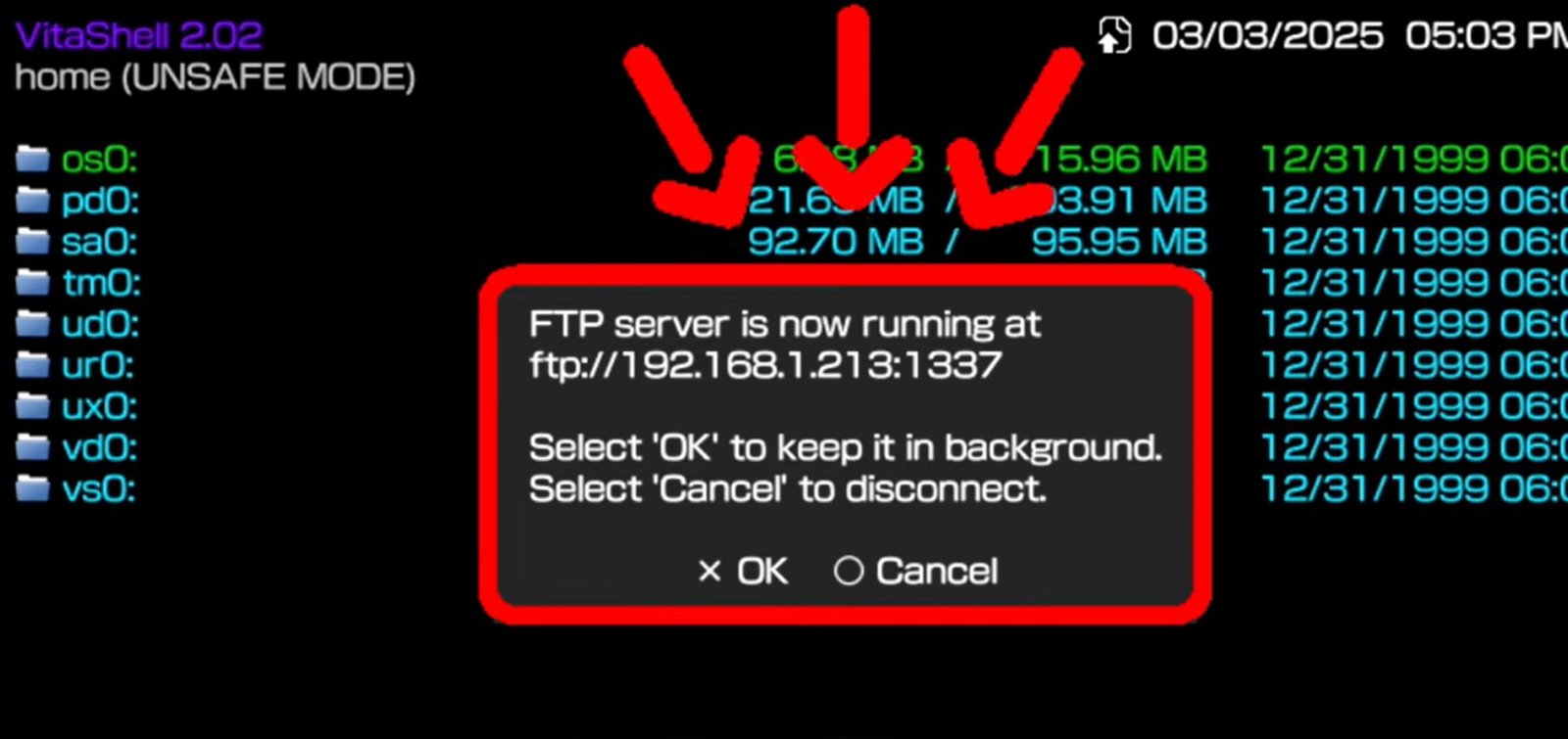vitashell ftp transfer connection 2